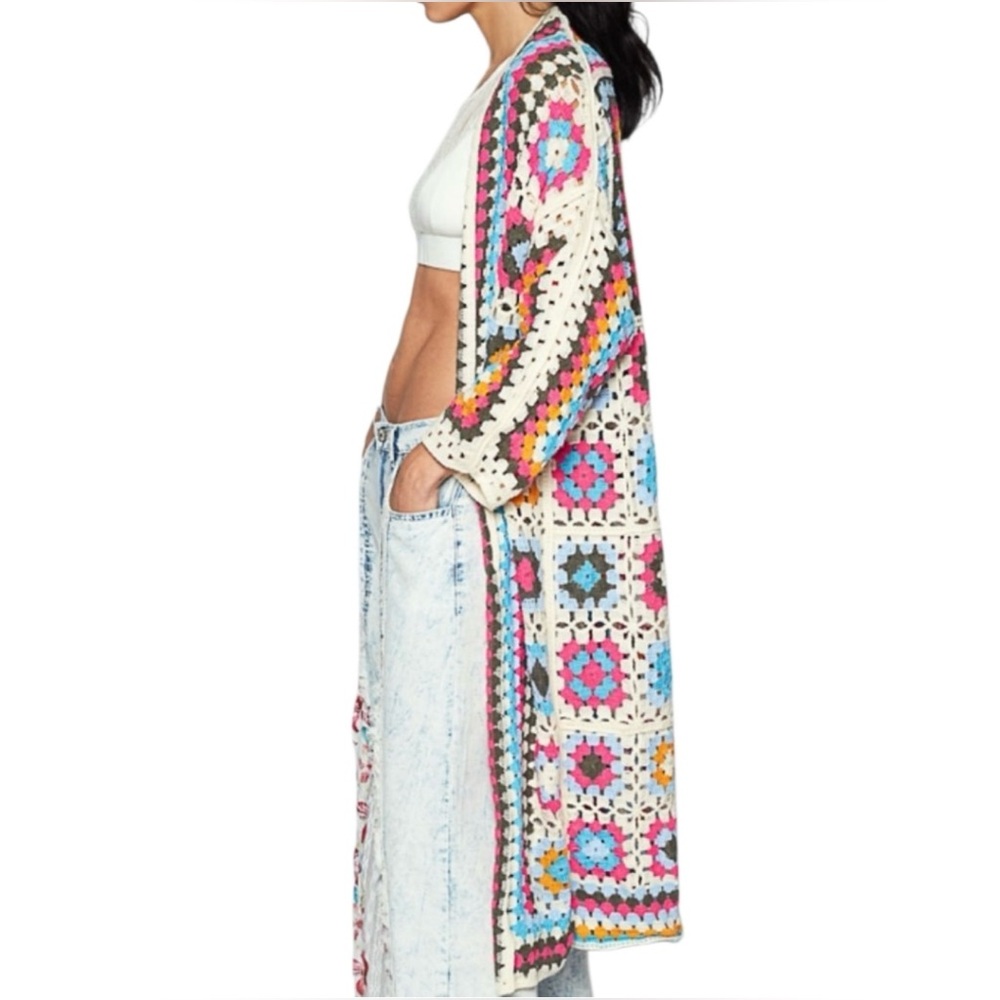 POL - One Size Fits Most Colorful Crochet Long Cardigan Sweater - Picture 3 of 3